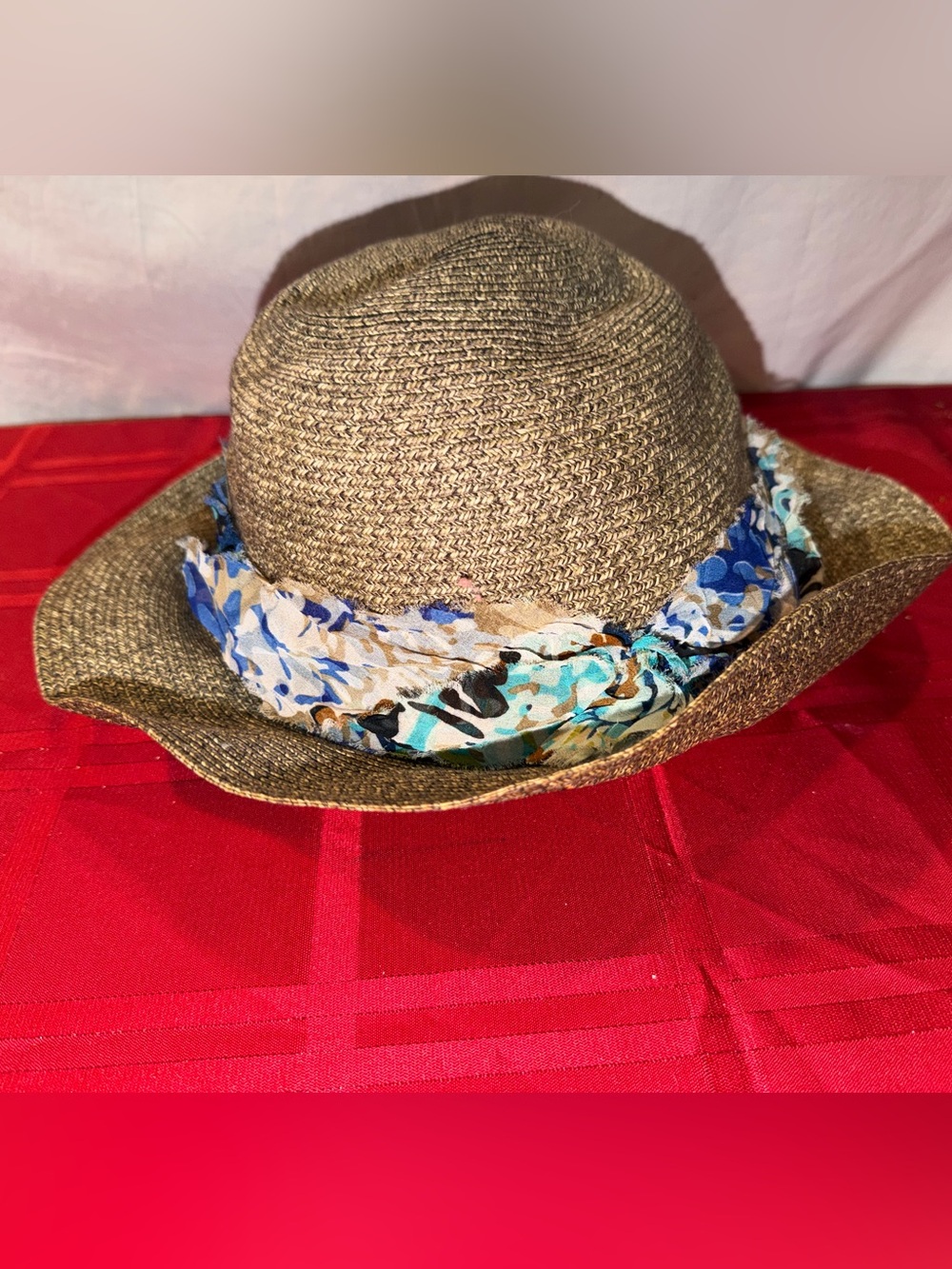 Brown Woven Sun Hat with Blue Floral Scarf Trim